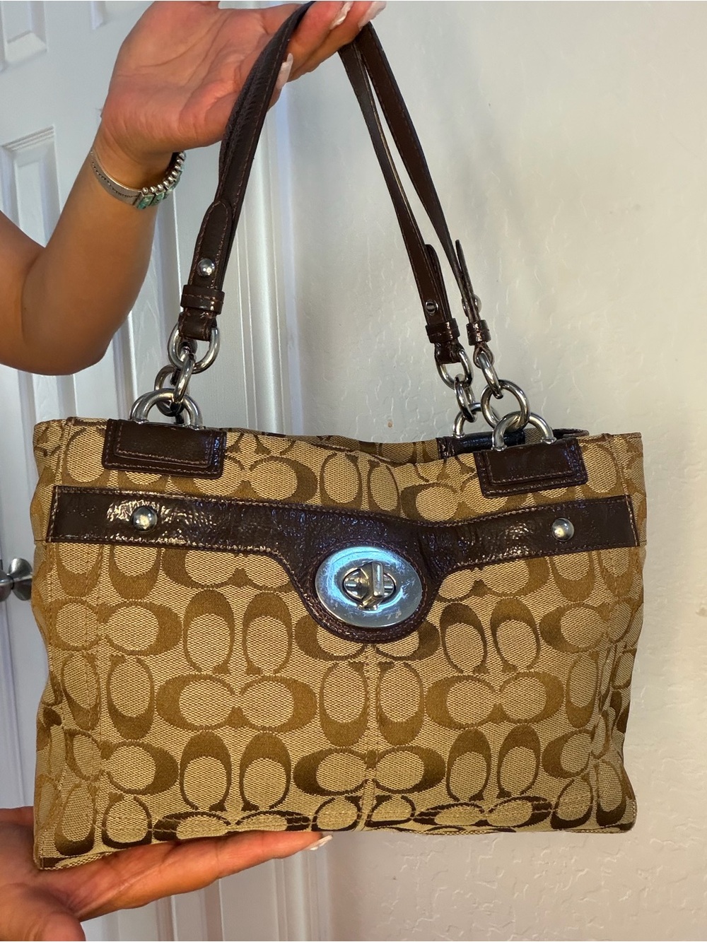 Coach Penelope Brown Signature Canvas Shoulder Bag with Dark Brown Trim